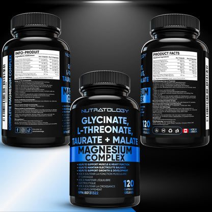 Nutratology Magnesium Complex - Glycinate, Malate, L-Threonate & Taurate With Vitamin B6 + Bioperine For Enhanced Absorption - Helps Support Healthy Bones, Muscles, Teeth & Heart - 100MG Elemental Magnesium Per Capsule - 120 Count - Available at All In One Marketplace Canada