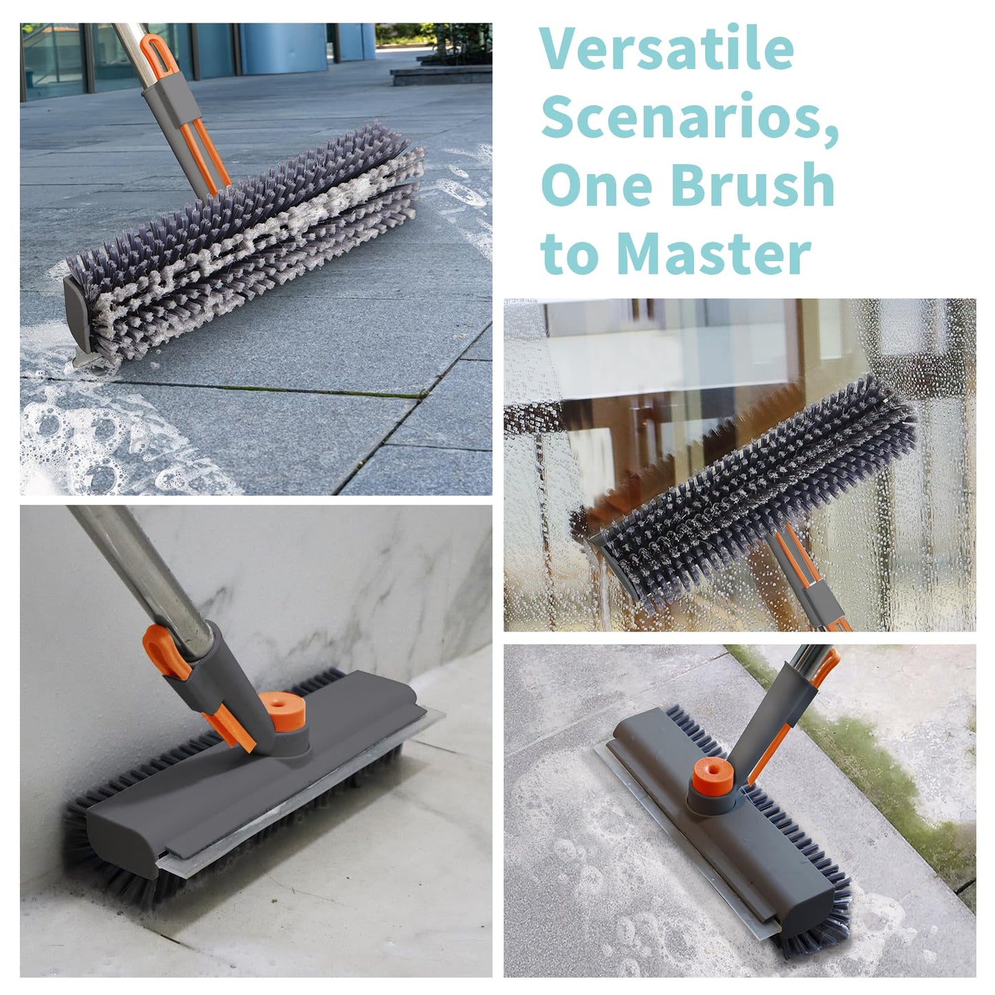 3 in 1 Floor Scrub Brush with Long Handle and 360° Rotation Head, Multi-Purpose Cleaning Brush, Including Flat Bristle Brush, Angled Bristle Brush and Scraper - Available at All In One Marketplace Canada