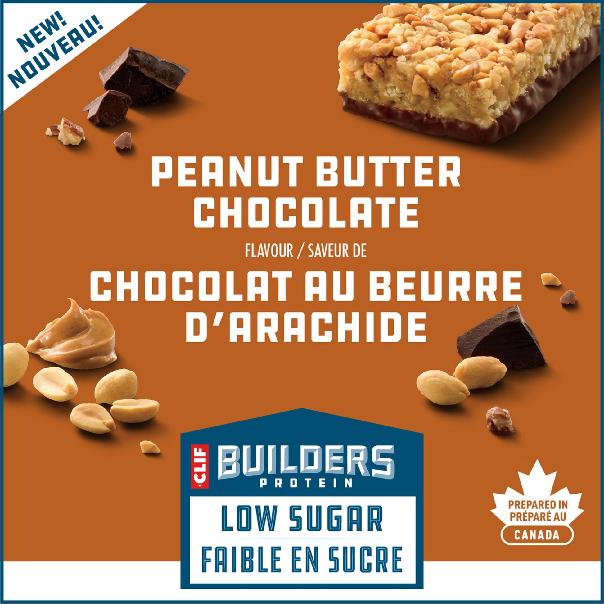 CLIF BUILDERS Low Sugar Protein Bars - Peanut Butter Chocolate, 12-Pack (56g each)