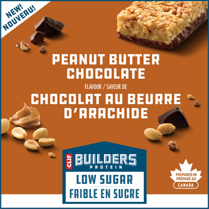 CLIF BUILDERS Low Sugar Protein Bars - Peanut Butter Chocolate, 12-Pack (56g each)