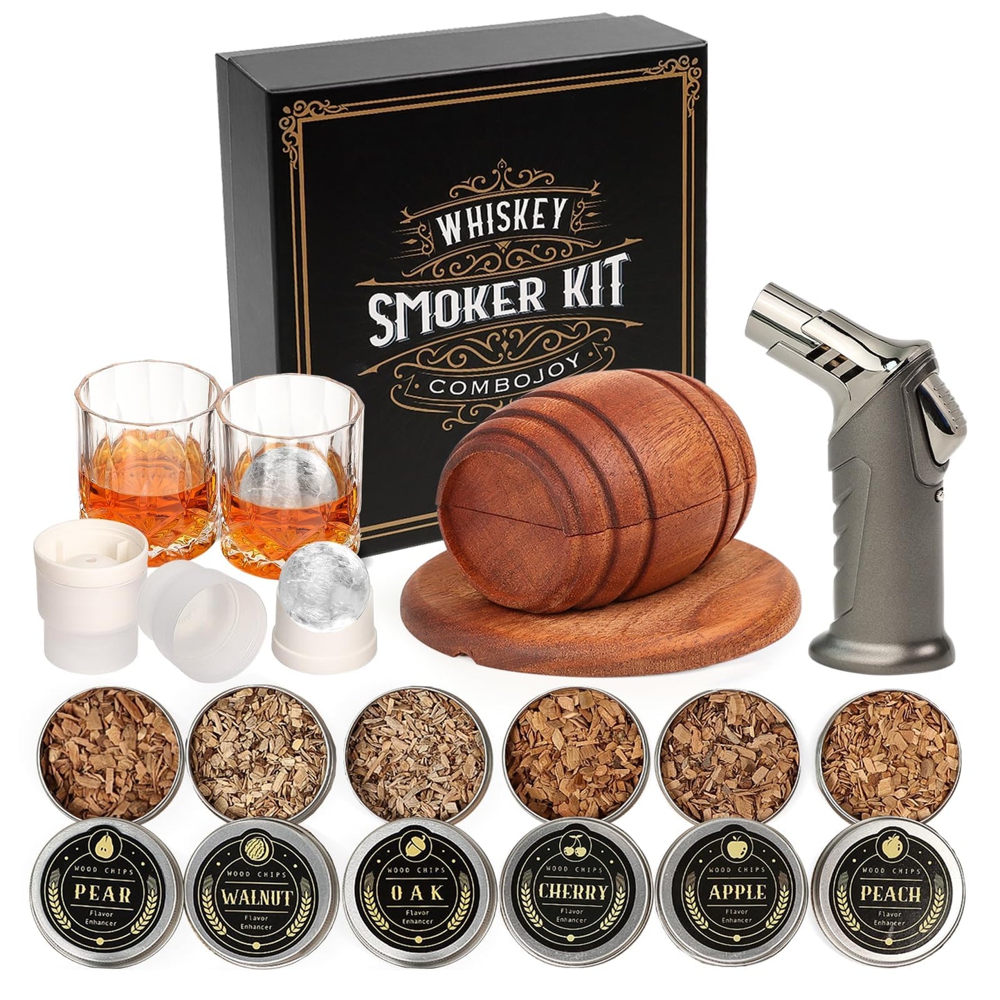Whiskey Smoker Kit with Torch - 6 Flavors Wood Chips, 2 Glasses, 2 Ice Ball Molds - Cocktail Smoker Infuser Kit, Old Fashioned Drink Smoker Kit, Birthday Bourbon Whiskey Gifts for Men,Dad(NO Butane) - Available at All In One Marketplace Canada