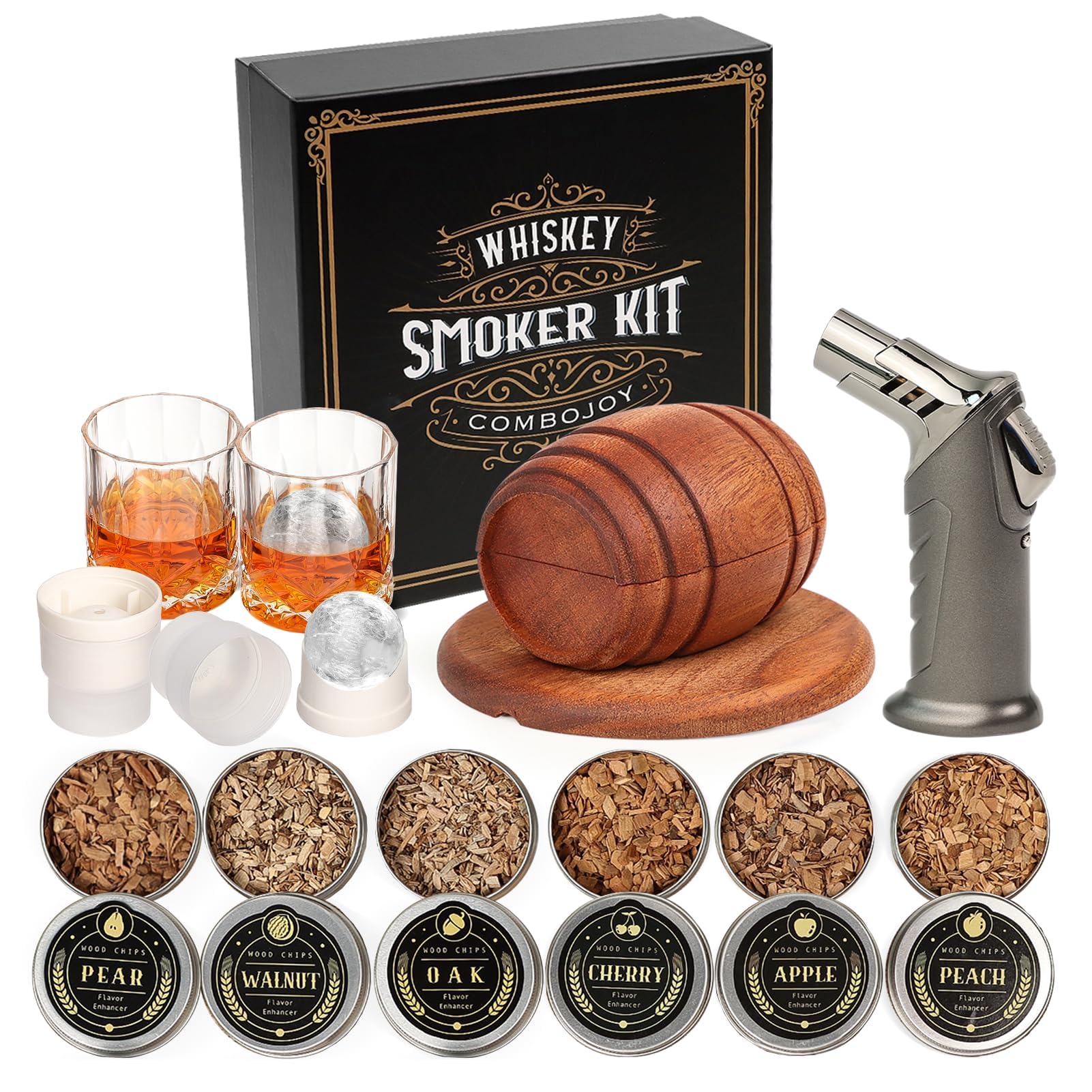 Whiskey Smoker Kit with Torch - 6 Flavors Wood Chips, 2 Glasses, 2 Ice Ball Molds - Cocktail Smoker Infuser Kit, Old Fashioned Drink Smoker Kit, Birthday Bourbon Whiskey Gifts for Men,Dad(NO Butane) - Available at All In One Marketplace Canada