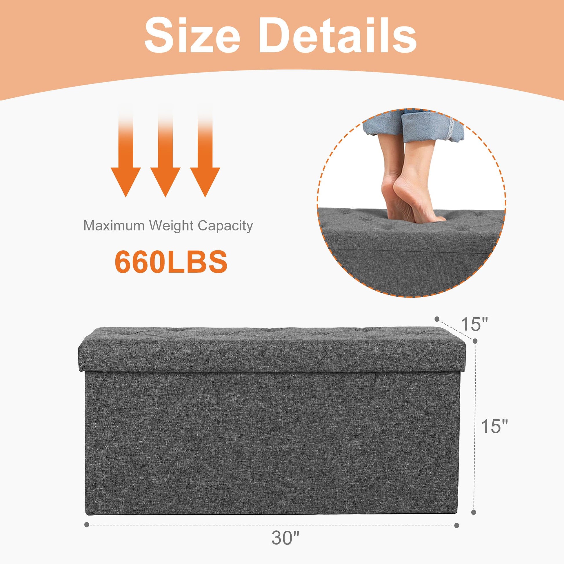 Sweetcrispy Folding Storage Ottoman Bench, Light Grey, Entryway Bench for Living Room, Ottomans with Storage for Bedroom, Heavy Duty 660 lbs Load Capacity, Linen Footrest Seat Sweetcrispy