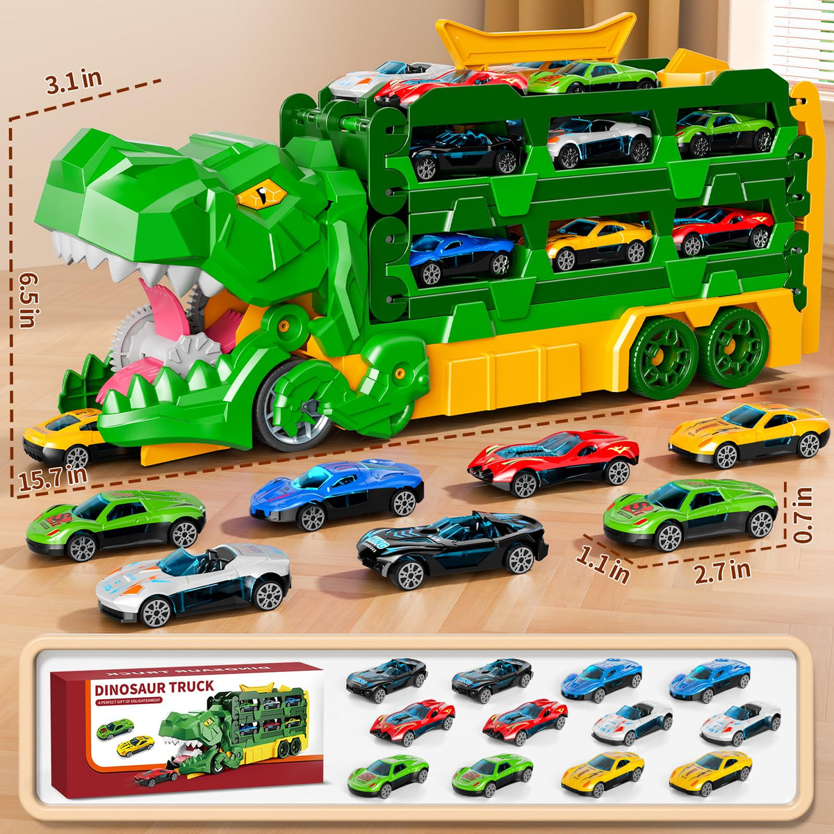 Dinosaur Transport Race Truck Toy with 59-Inch Race Track and Die-Cast Cars 🍁 All In One Marketplace Canada