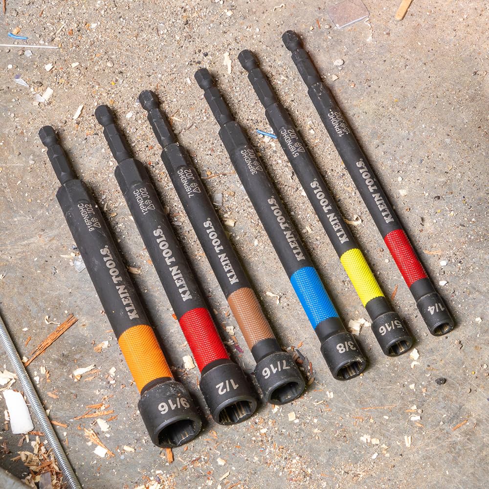 Klein Tools 32930 Magnetic Impact Nut Setter Set, 6-Piece Color Coded Power Nut Driver with Extended Reach, 6 Sizes