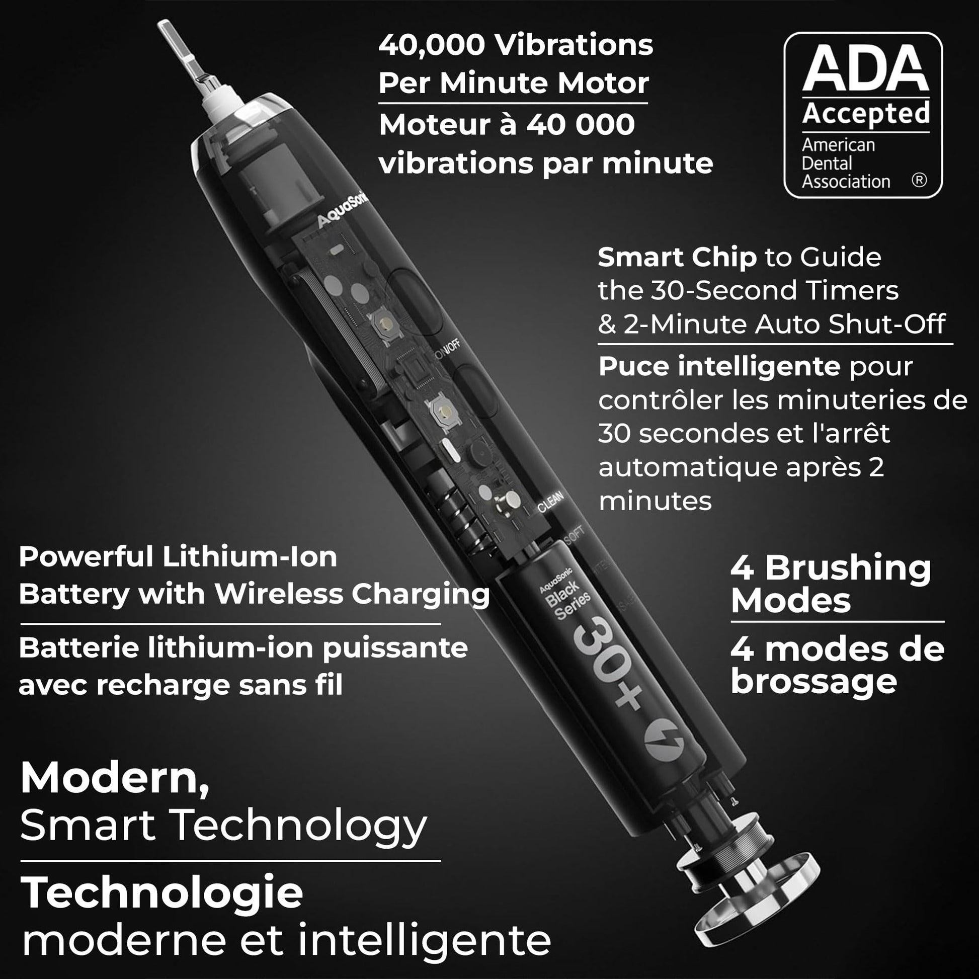 Aquasonic Black Series Ultra Whitening Electric Toothbrush | ADA Accepted Rechargeable Toothbrush, 8 Brush Heads & Travel Case, 40,000 VPM Electric Motor & Wireless Charging - 4 Modes with Smart Timer
