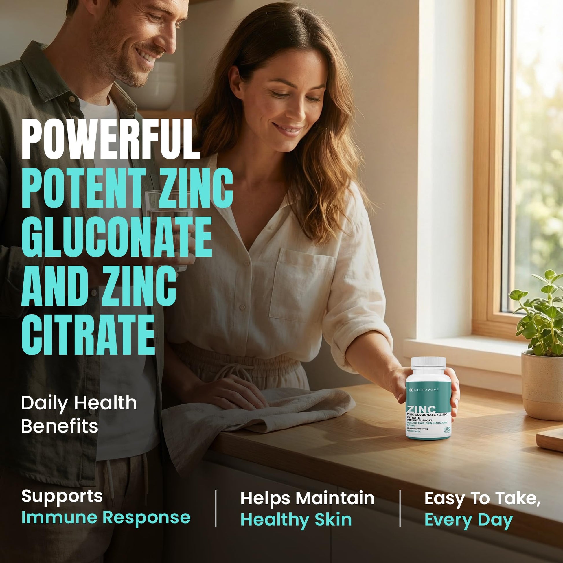 Nutrawave 2-IN-1 Zinc Supplements, High Absorption Formula 50 mg Zinc Gluconate + Zinc Citrate Chelated Stomach-Friendly Immune Booster, Healthy Skin, Hair, Nails & Bones, For Men & Women, Vegan, 6-Month Supply - Available at All In One Marketplace Canada