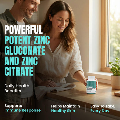 Nutrawave 2-IN-1 Zinc Supplements, High Absorption Formula 50 mg Zinc Gluconate + Zinc Citrate Chelated Stomach-Friendly Immune Booster, Healthy Skin, Hair, Nails & Bones, For Men & Women, Vegan, 6-Month Supply - Available at All In One Marketplace Canada