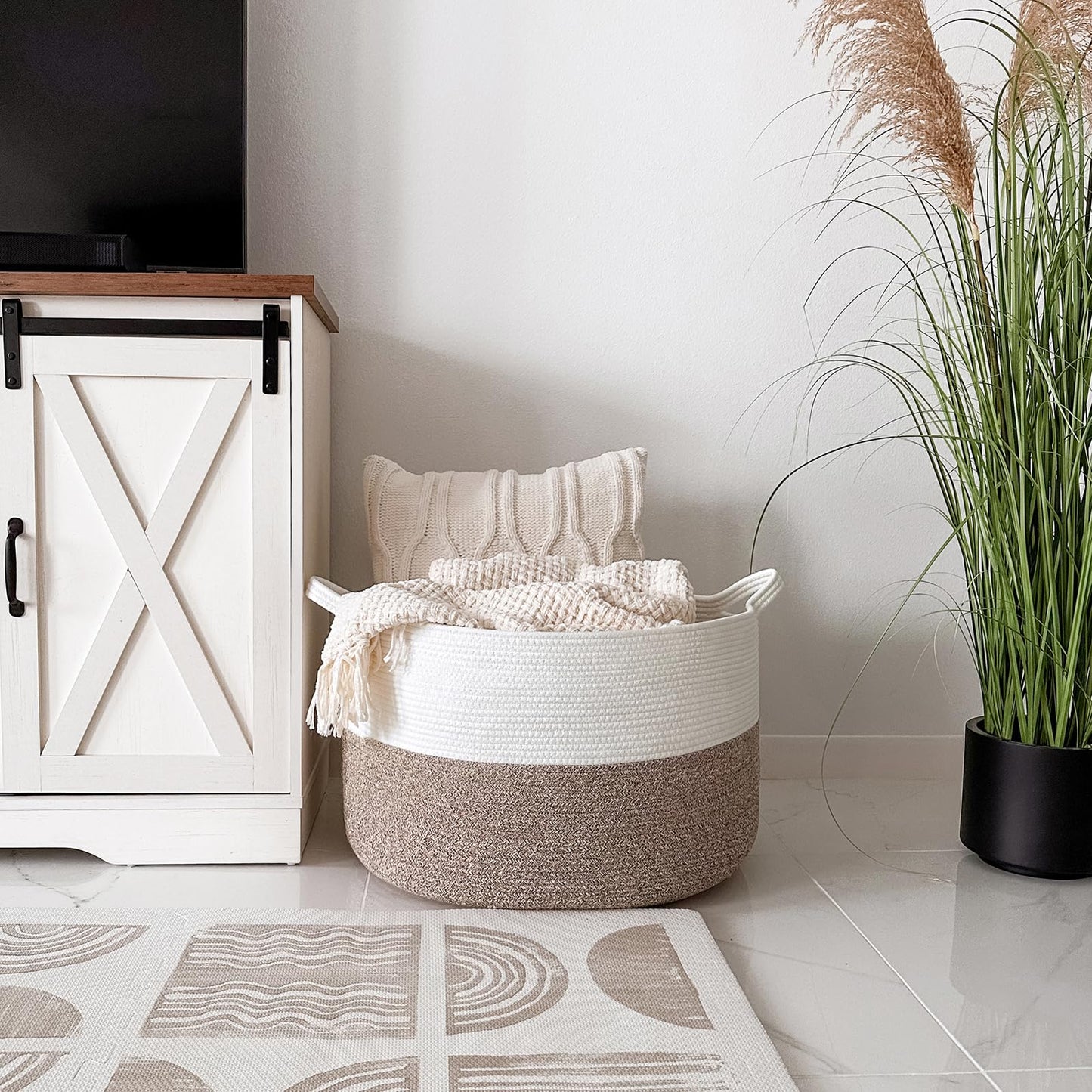 INDRESSME XXXLarge Cotton Rope Basket 21.7" x 21.7" x 13.8" Woven Laundry Basket for Blankets, Storage Basket with Handle Comforter Cushions Storage Bins Thread Laundry Hamper - Available at All In One Marketplace Canada