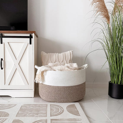 INDRESSME XXXLarge Cotton Rope Basket 21.7" x 21.7" x 13.8" Woven Laundry Basket for Blankets, Storage Basket with Handle Comforter Cushions Storage Bins Thread Laundry Hamper - Available at All In One Marketplace Canada