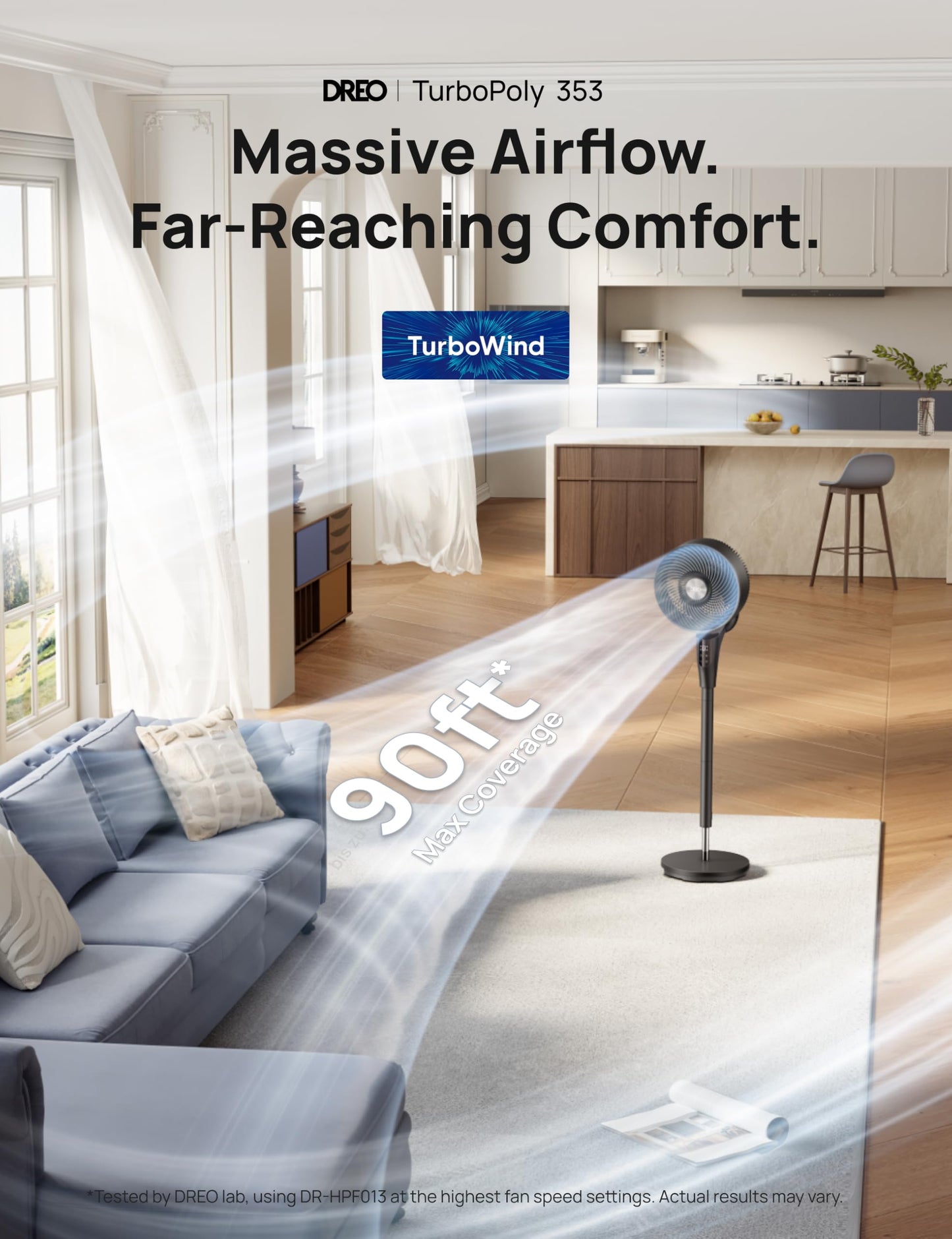 DREO Fan for Bedroom, 90° Oscillating Standing Fan, 20dB Quiet, 90ft Pedestal Fans for Room Office, DC Motor, 8+H Speeds, 3 Modes, 38-42'' Adjustable Height, Remote, 8H Timer, 105° Manual Vertical