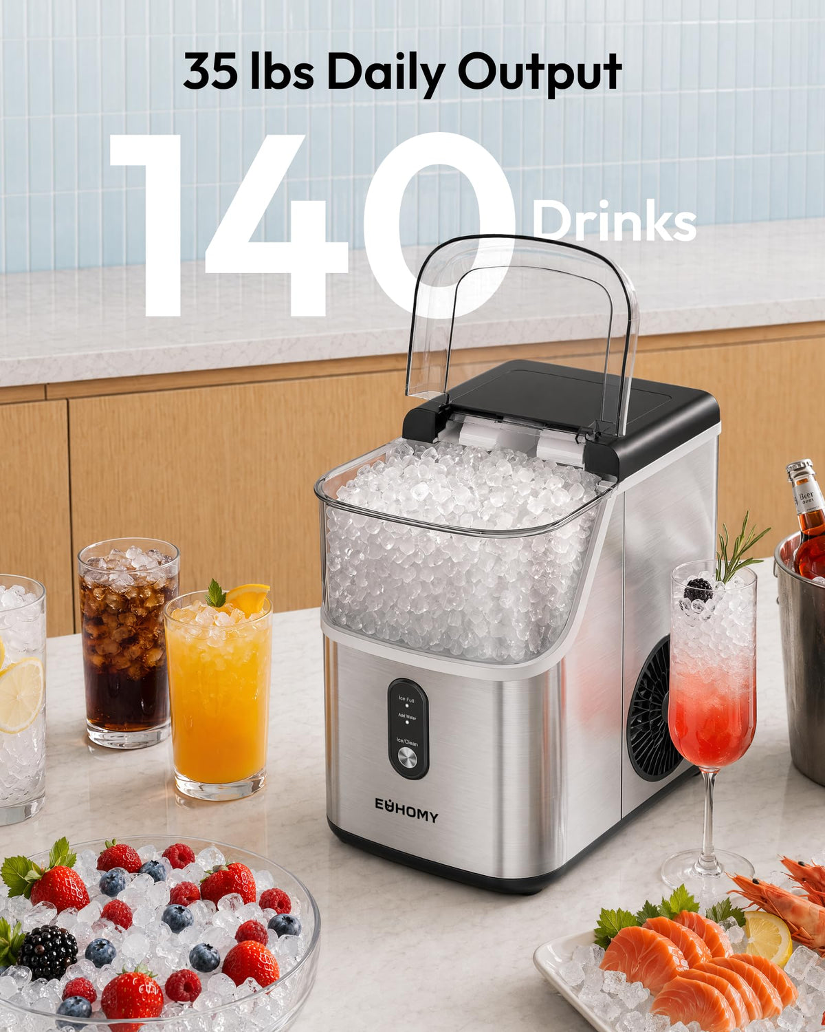 EUHOMY Nugget Ice Maker Countertop, Ready in 7 Mins, 34Lbs/24H Pebble Ice Maker Machine, Self-Cleaning Countertop Sonic Ice Makers with Ice Scoop&Basket, Pellet Ice Maker for Home, Stainless Steel