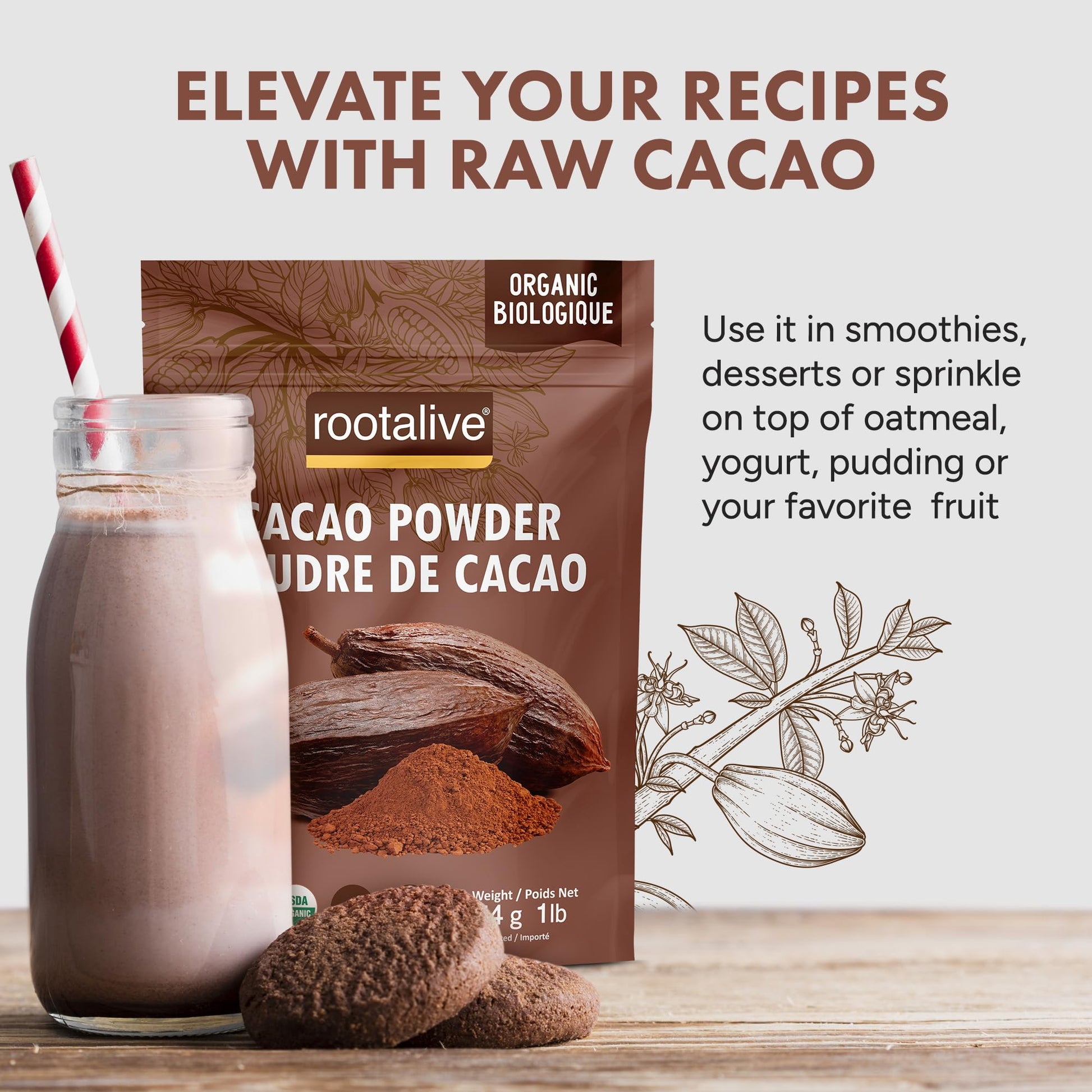 Rootalive Organic Raw Cacao Powder 454g (1lb), Premium Unroasted Cacao Bean powder in a Resealable Bag, Raw, Unsweetened, Vegetarian and Gluten-Free - Available at All In One Marketplace Canada