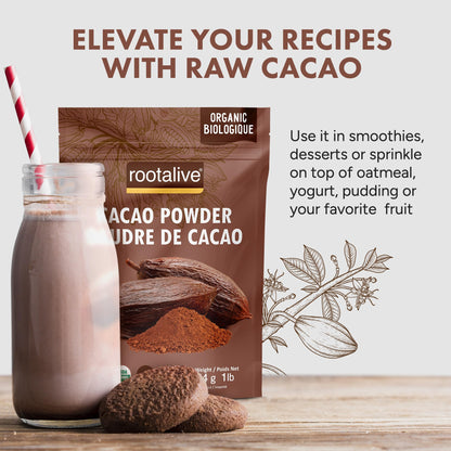 Rootalive Organic Raw Cacao Powder 454g (1lb), Premium Unroasted Cacao Bean powder in a Resealable Bag, Raw, Unsweetened, Vegetarian and Gluten-Free - Available at All In One Marketplace Canada