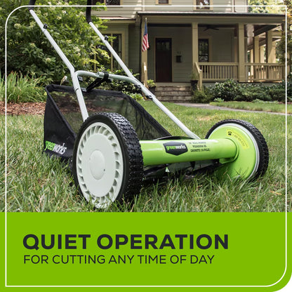 Greenworks 16-Inch Reel Lawn Mower with Grass Catcher 25052,Black/Green, 47" D x 22" W x 29.75" H - Available at All In One Marketplace Canada