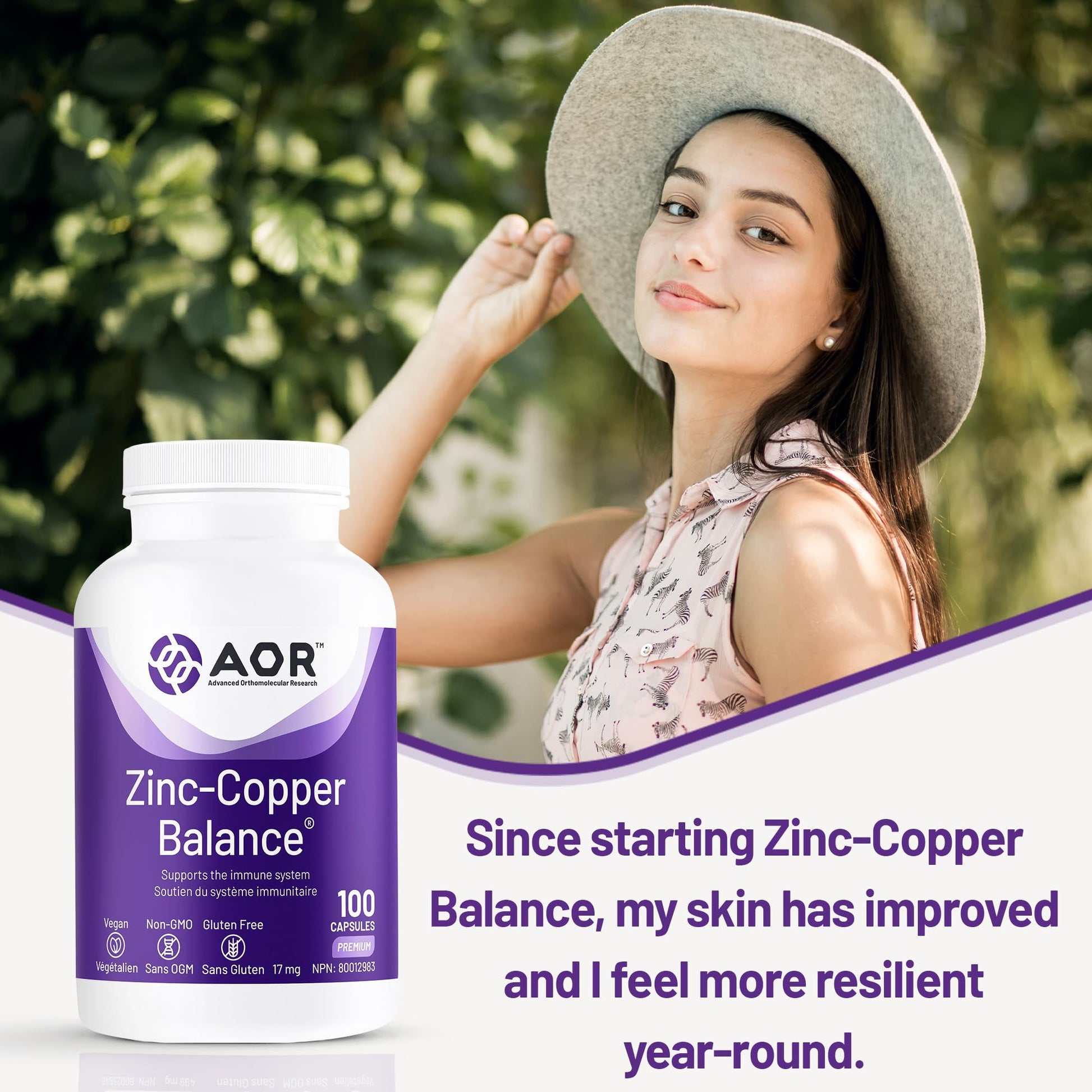 AOR Zinc Copper Balance 17mg, 100 V-Caps, 100-Day Supply - Nutrient Support for Skin, Hair, Bone & Overall Wellness, NON-GMO & Gluten-Free, Easy-to-Swallow, Zinc & Copper Supplements for Men & Women - Available at All In One Marketplace Canada