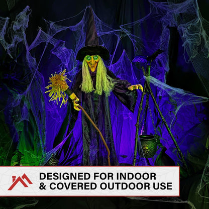 Haunted Hill Farm Life-Size Scary Talking Witch with Broomstick, Halloween Animatronic with Touch Activated Lights and Sound, Battery Operated Indoor or Covered Outdoor Halloween Decorations