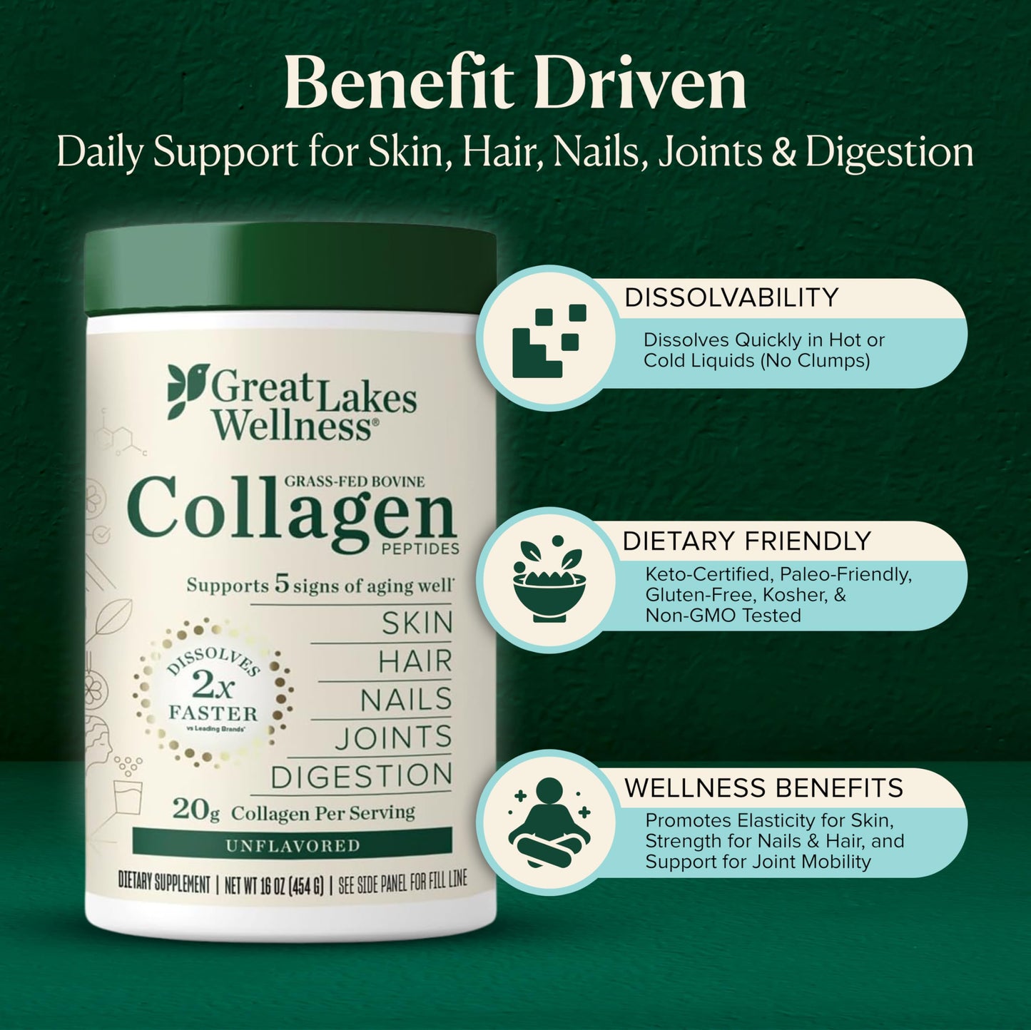 Great Lakes Wellness Grass-Fed Collagen Peptides - Unflavored Hydrolyzed Powder, Non-GMO, Hormone & Antibiotic Free - 454g
