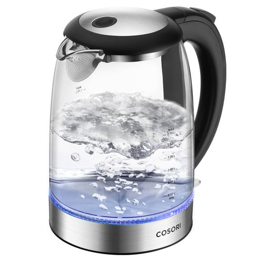COSORI Plastic-Free Electric Kettle, Odorless Boiling 1.7L Borosilicate Glass, 1500W Cordless, Auto Shut Off - For Coffee, Tea & Hot Water, Black