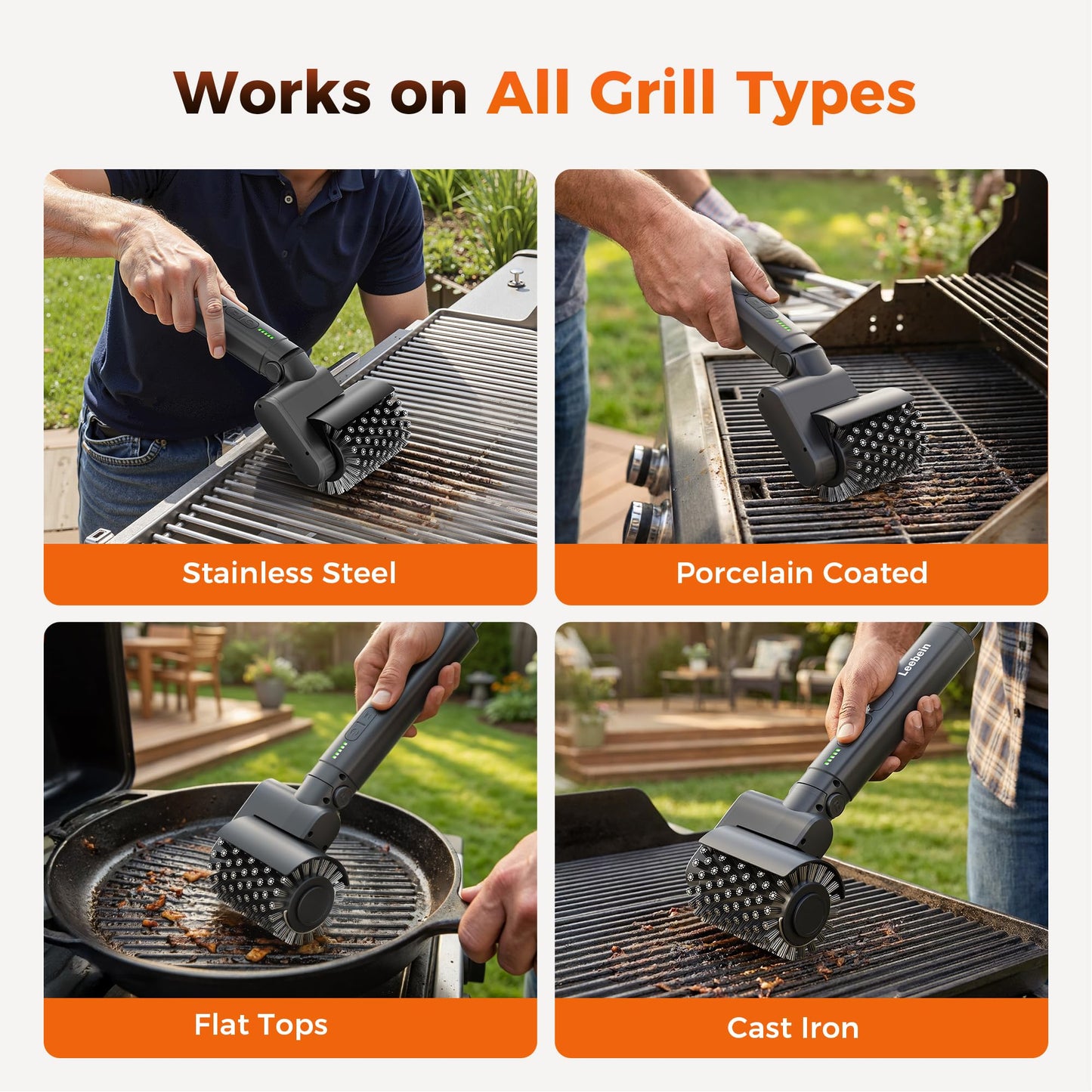 Leebein Electric Grill Brush for Outdoor, 2026 New BBQ Grill Cleaner with 3 Heads, 3-Speed & Angle Adjust Cordless Rotary Grill Brush, 150 Mins Runtime Grill Cleaning Brush for Barbecue Grates