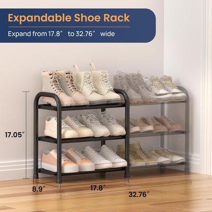 ENJOYBASICS Expandable Metal Shoe Racks for Closet, 3 Tier Adjustable Shoe Organizer Shelf, Black Free Standing Rack Storage for Entryway