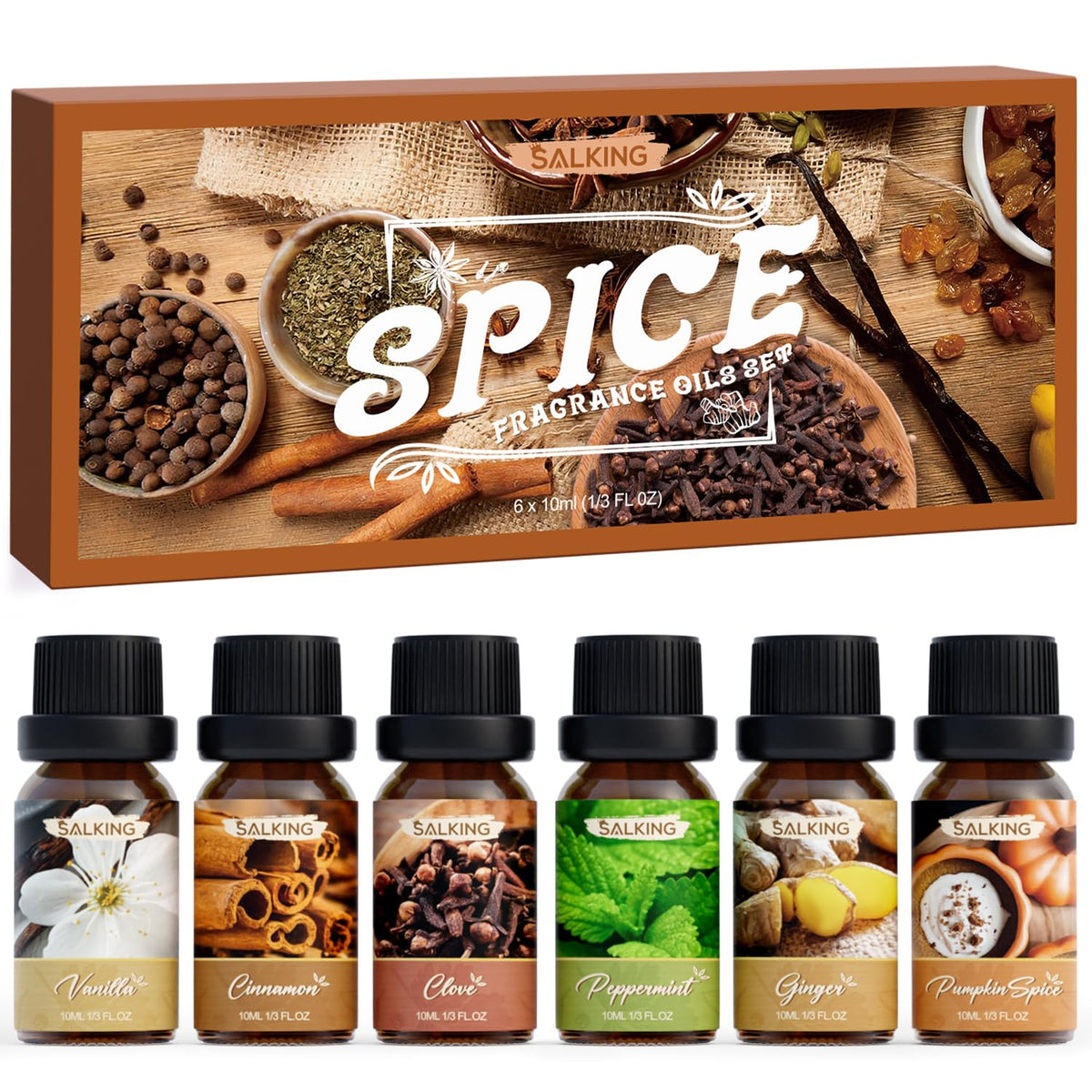 SALKING Spice Essential Oils Set, 6x10ml Fragrance Scented Oils for Diffuser, Candle and Soap Making - Cinnamon, Clove, Vanilla, Pumpkin Spice, Peppermint, Ginger 🍁 All In One Marketplace Canada
