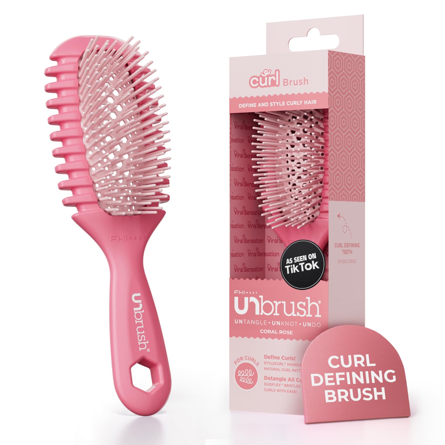FHI Heat UNbrush Curl Defining Brush — Wavy, Coily, and Curly Hair Brush with DuoFlex Bristles & StyleCurl Handle — for Gentle Detangling & Faster Styling on Wet Hair - Coral Rose FHI Heat