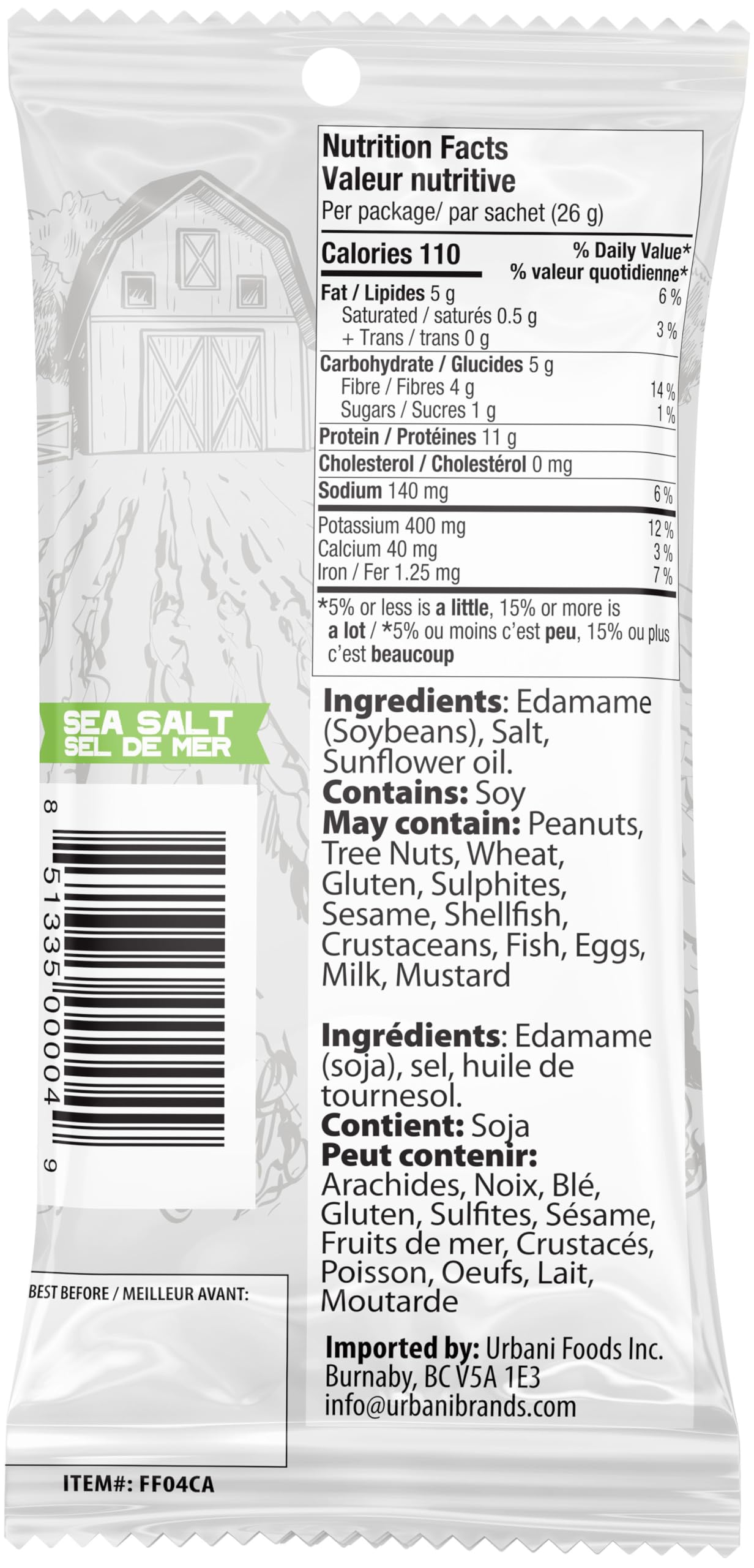 Urbani Far Field Crunchy Roasted Edamame - Sea Salt Flavor, 20 Single-Serve Packs (26g each), 11g Protein Per Serving