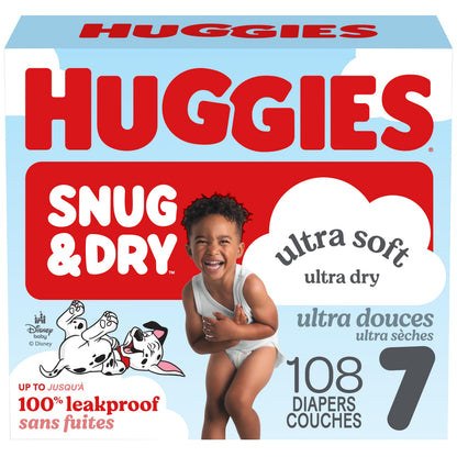 Couches Huggies Taille 7, Couches Bébé Snug & Dry, Taille 7 (14-22 kg), 108 couches (2 paquets de 54), L'emballage peut varier