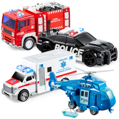 JOYIN 4 Packs Emergency Vehicle Toy Playsets, Friction Powered Vehicles with Light and Sound, Including Fire Truck, Ambulance, Play Police Car and Helicopter, Christmas Toddler Kids Boys Gifts 🍁 All In One Marketplace Canada