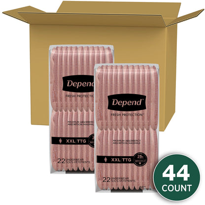 Depend Fresh Protection Adult Incontinence Underwear for Women (Formerly Depend Fit-Flex), Disposable, Maximum, Extra-Extra-Large, Blush, 44 Count (2 Packs of 22)