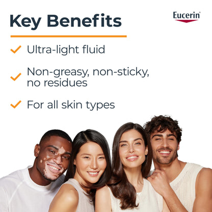 Eucerin Complete Hydration Ultra-Light Fluid Sunscreen, Daily Face Sunscreen SPF 50 With Hyaluronic Acid, Body SPF 50 Lotion with UVA-UVB Sun Protection, Fragrance Free & Non Greasy, 50 ml - Available at All In One Marketplace Canada
