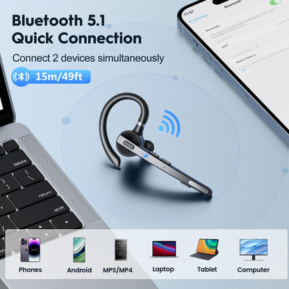 New bee Bluetooth Headset V5.1, 72H Talktime Wireless Bluetooth Earpiece for Cellphone with 500mah Charging Case Dual Mic Noise Cancelling Hands-Free Earphones for Office Driver Calls