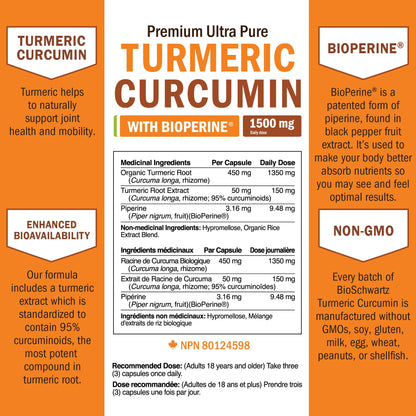 Turmeric Curcumin 1500mg | Turmeric Supplements + Black Pepper | Joint Pain Relief & Anti Inflammatory Pills | High Potency Curcumin Supplements with Black Pepper | Non-GMO, Gluten-Free | 90 Ct