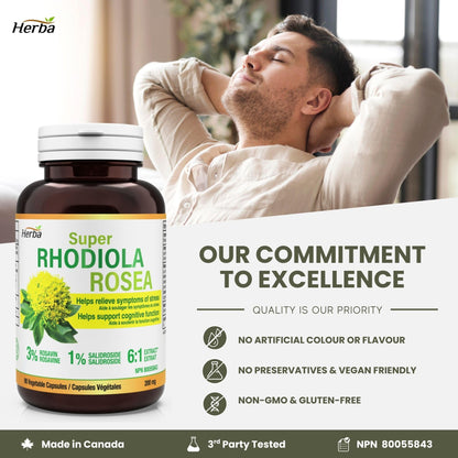 Herba Rhodiola Rosea Supplement 200mg - 90 Capsules | 6:1 Extract | Rhodiola Supplement with Min 3% Rosavins and 1% Salidrosides | Help Relieve Symptoms of Stress | Made in Canada - Available at All In One Marketplace Canada