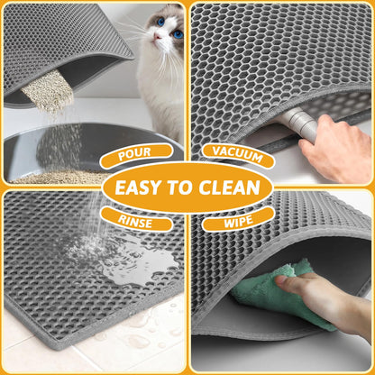 Pieviev Cat Litter Mat Trapper - 76 x 61cm Honeycomb Double Layer Tapis Litiere Chat -Traps Messes, Easy Clean and Durable (Gray)