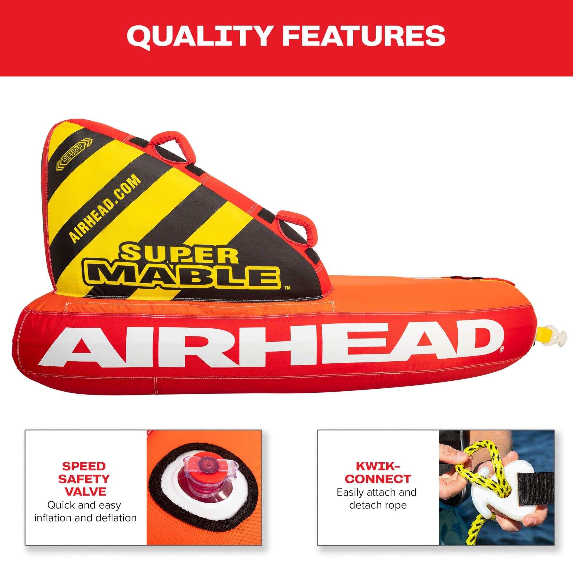 Airhead Super Mable, 1-3 Rider - Inflatable Towable Tube for Boating and Water Sports, Heavy Duty Full Nylon Cover & Zipper with EVA Foam Padding, Easy Inflating & Deflating Airhead