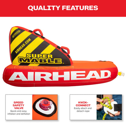 Airhead Super Mable, 1-3 Rider - Inflatable Towable Tube for Boating and Water Sports, Heavy Duty Full Nylon Cover & Zipper with EVA Foam Padding, Easy Inflating & Deflating Airhead