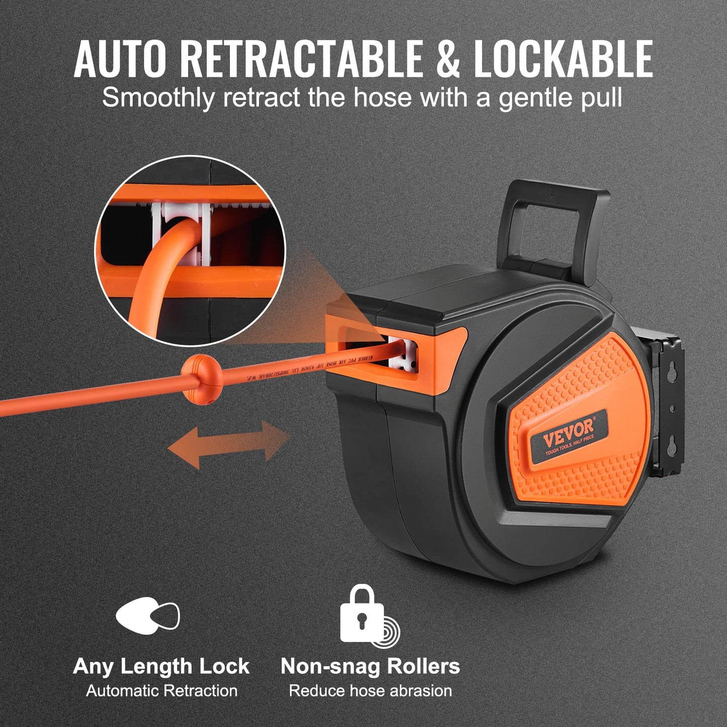 VEVOR Retractable Air Hose Reel, 3/8 in x 50 FT Hybrid Air Hose Max 300PSI, Air Compressor Hose Reel with 5 ft Lead in, Ceiling/Wall Mount Enclosed Air Reel, 180° Swivel Mount VEVOR