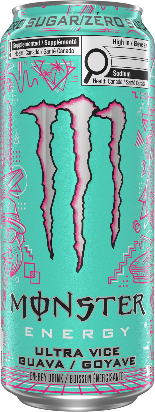 Monster Ultra Vice Guava Energy Drink – Zero Sugar, 473 mL Cans (12 Pack)