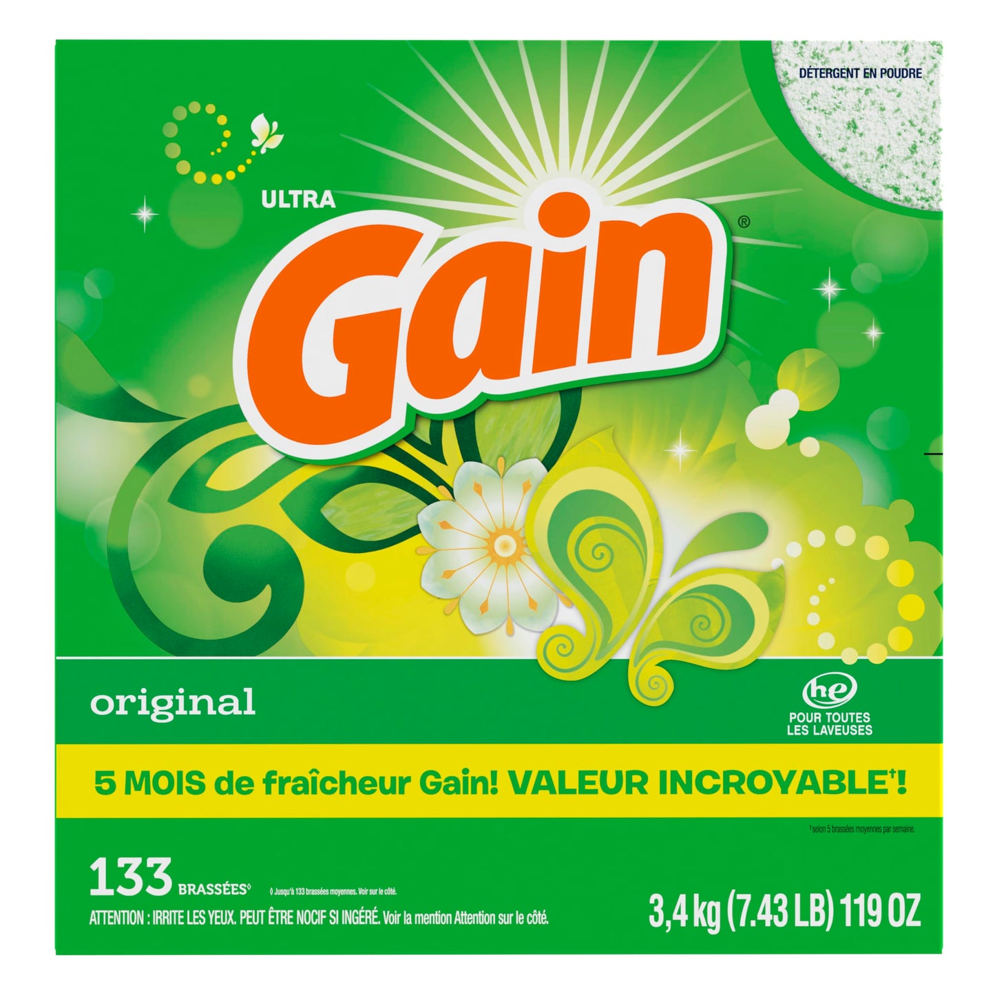 Gain Powder Laundry Detergent, Original Scent, 133 Loads, 3.4 KG GAIN