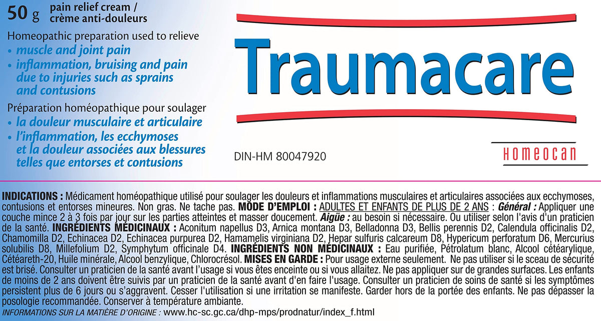 Homeocan Traumacare Cream 50g, Arnica Montana for Joint and Muscle Support, Fast-Absorb, Non-Greasy, Odour-Free, Soothes Discomfort from Strains, Sprains & Bruises, Suitable For Adults and Children 2+