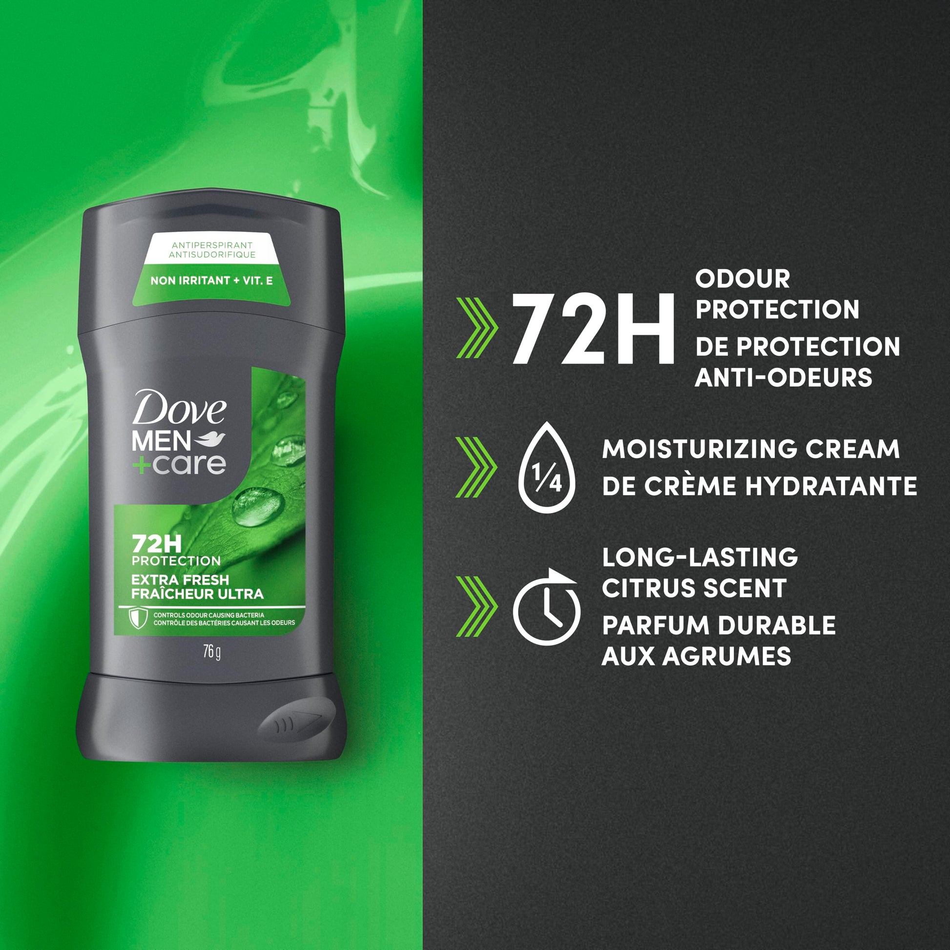 Dove Men+Care Antiperspirant Stick for 72h sweat & odour protection Extra Fresh with Triple Action moisturizer to help prevent skin irritation caused by dryness, 76g (Pack of 4) - Available at All In One Marketplace Canada