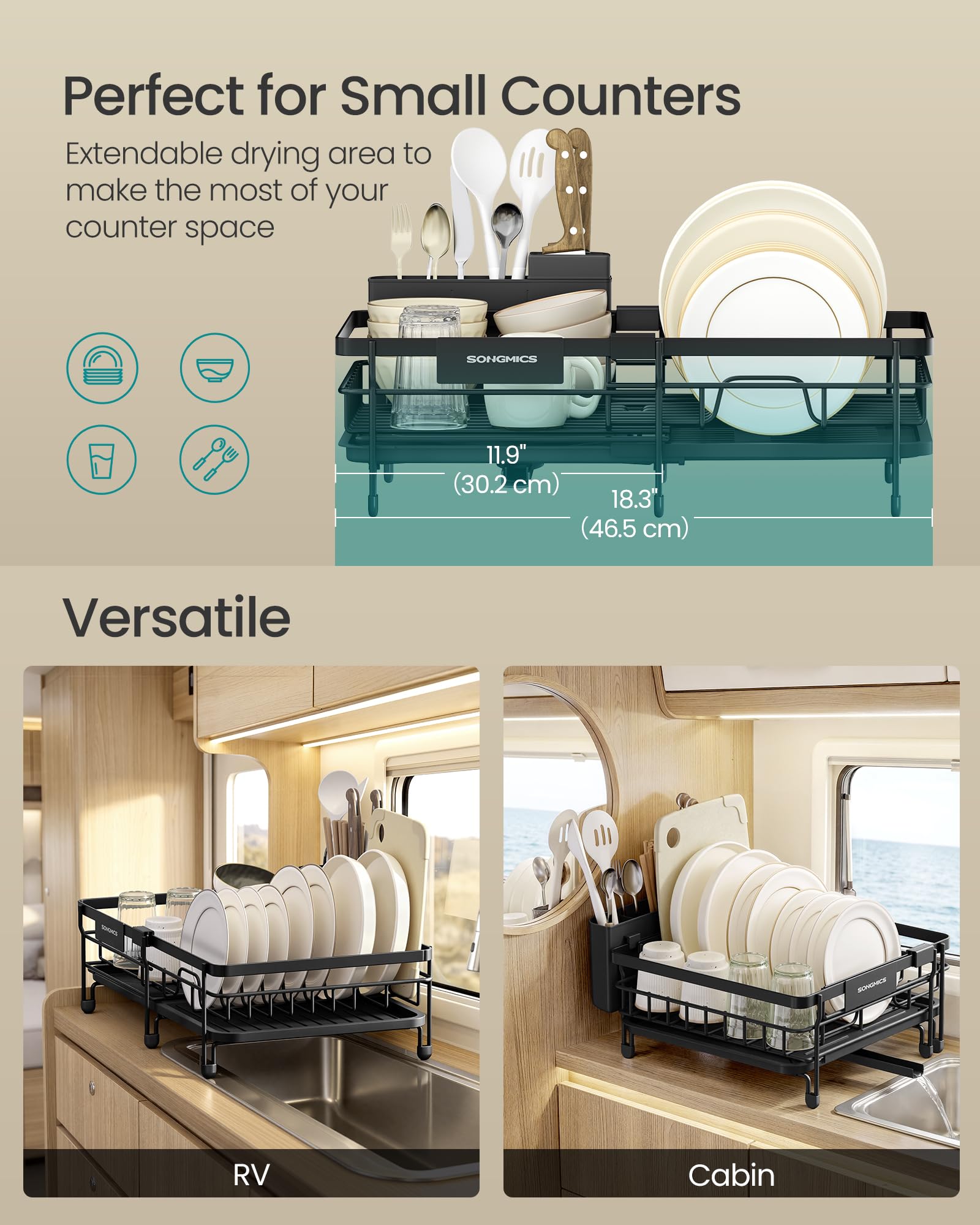 SONGMICS Dish Drainer Rack, Large Extendable Draining Board Rack for Small Spaces, 360° Rotating Extendable Spout, Kitchen Sink Drainer, Steel, 46.5 x 29.6 x 14 cm, Ink Black KCS556BH01 SONGMICS
