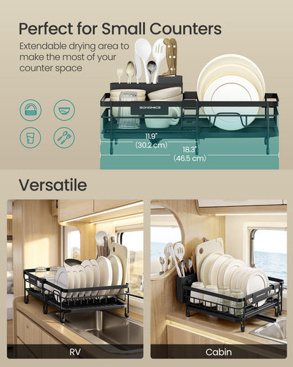 SONGMICS Dish Drainer Rack, Large Extendable Draining Board Rack for Small Spaces, 360° Rotating Extendable Spout, Kitchen Sink Drainer, Steel, 46.5 x 29.6 x 14 cm, Ink Black KCS556BH01 SONGMICS