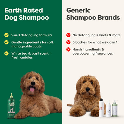Earth Rated (A Canadian Company), 3-in-1 Detangling Dog Shampoo and Conditioner, Deodorizing Oatmeal Shampoos for Dogs and Puppies, Great for Smelly Pets, White Tea and Basil Scent, 473 ml