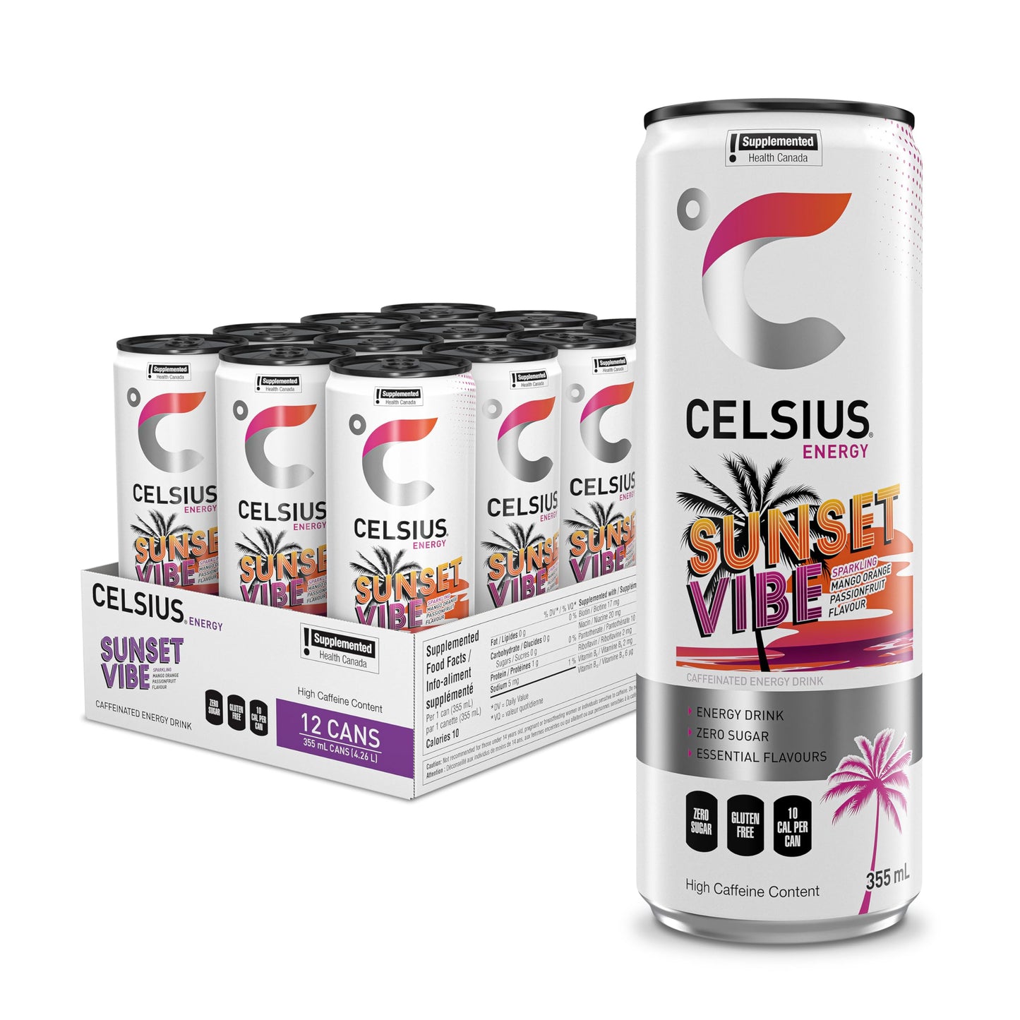 CELSIUS Sparkling Sunset Vibe, Zero Sugar Energy Drink, 355ml (Pack of 12)