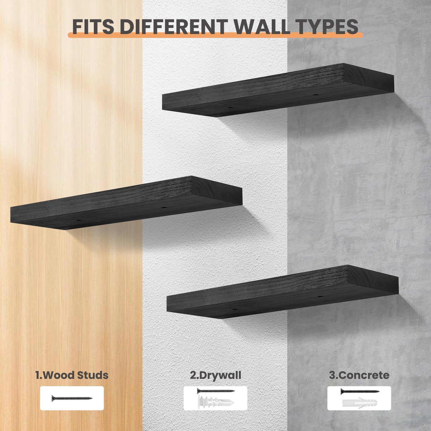 upsimples 16.5" L Black Wooden Floating Shelves with Invisible Brackets, Wall Mounted Modern Wood Shelves Set of 3, for Bathroom Bedroom - Available at All In One Marketplace Canada