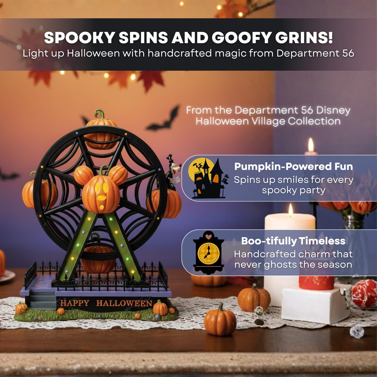 Department 56 Disney Village Accessories Halloween Goofy Gawrsh Darn Fun Ferris Wheel Lit Animated Figurine, 12.9 Inch, Multicolor