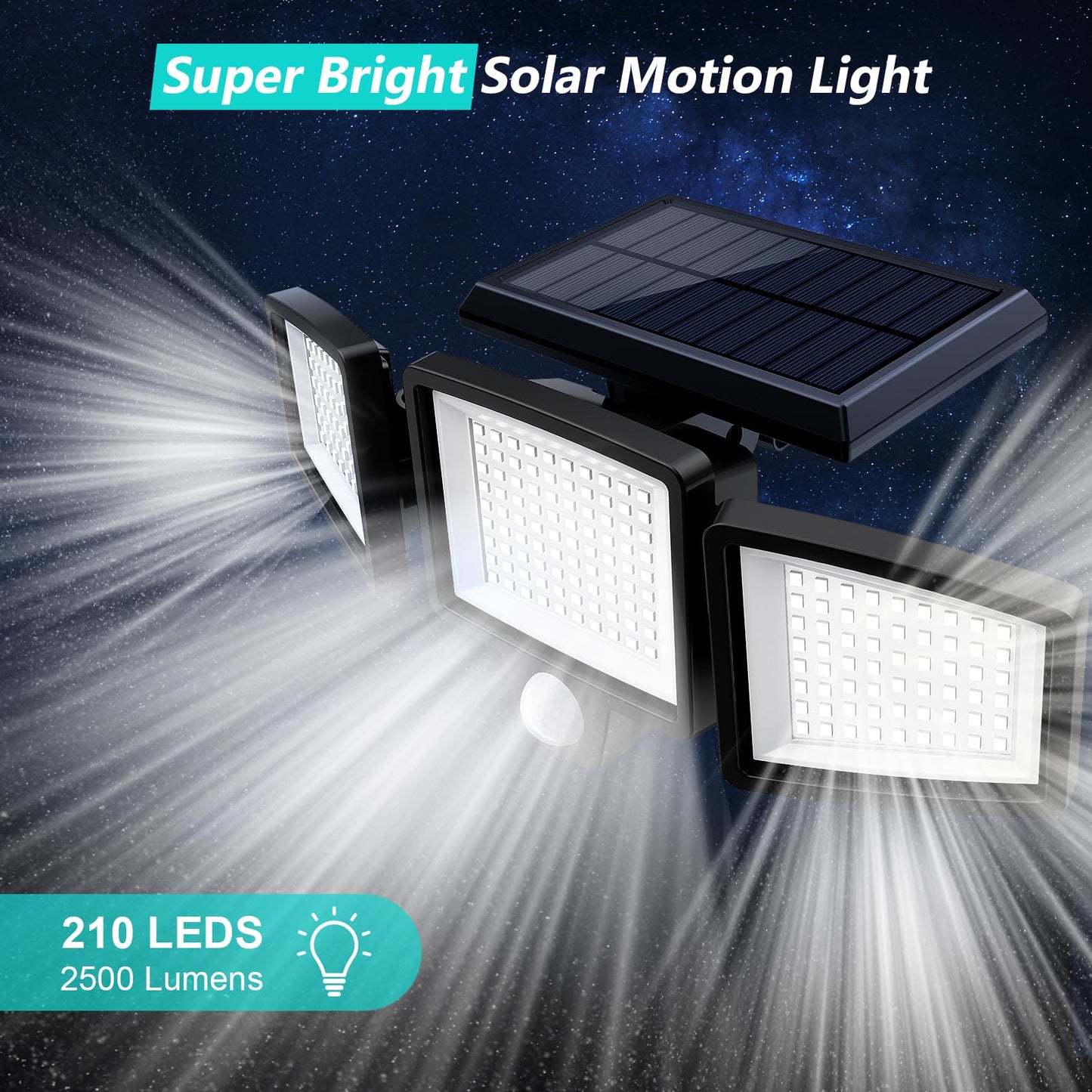 Solar Motion Sensor Outdoor Lights - 2500LM Bright LED Security Flood Light - Adjustable 3 Head Night Lighting Solar Powered IP65 Waterproof with Remote for Outside Garage Yard